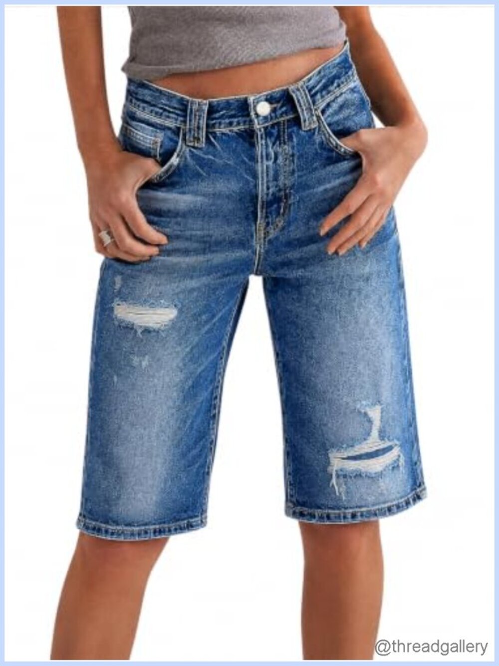 High Rise Ripped Denim Bermuda Shorts Knee Length Stretch Casual Summer